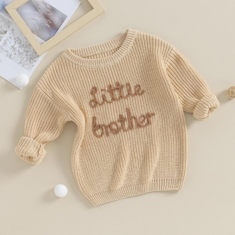 Yoawdats Toddler Baby Girl Boy Long Sleeve Knit Sweater Brothers Sisters Letter Embroidery Round Neck Pullover Fall Winter Tops (Little Brother Khaki, 0-3 Months) - Image 3