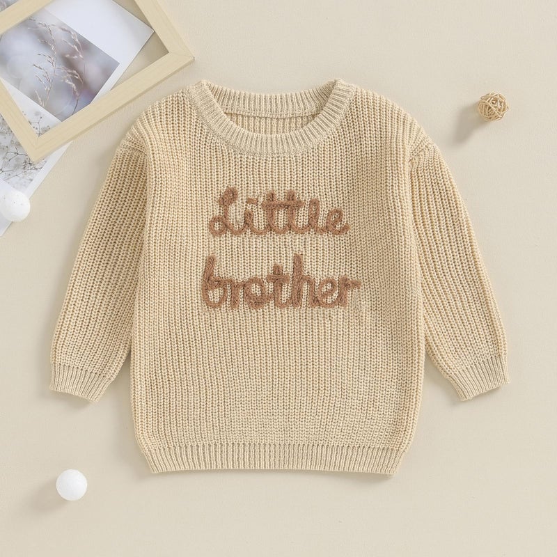 Yoawdats Toddler Baby Girl Boy Long Sleeve Knit Sweater Brothers Sisters Letter Embroidery Round Neck Pullover Fall Winter Tops (Little Brother Khaki, 0-3 Months) - Image 2