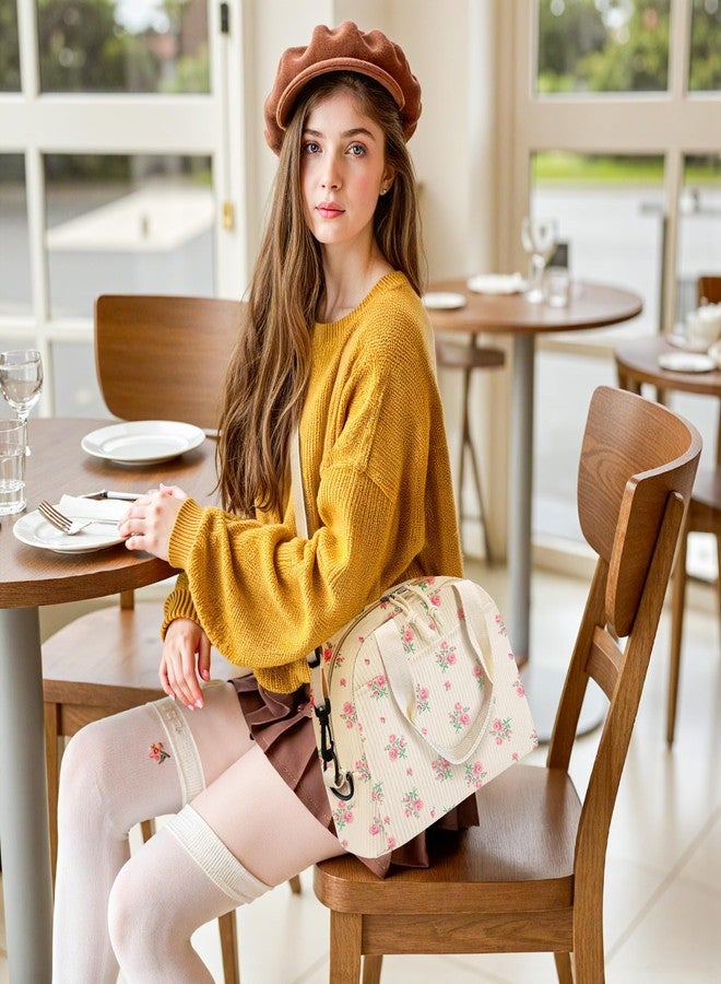 WOBAGMEN Lunch Box for Women,Cherry Lunch Bag Cute Corduroy Insulated Lunch Box With Shoulder Strap for Adult Womens for Work Picnic (pink floral) - Image 5