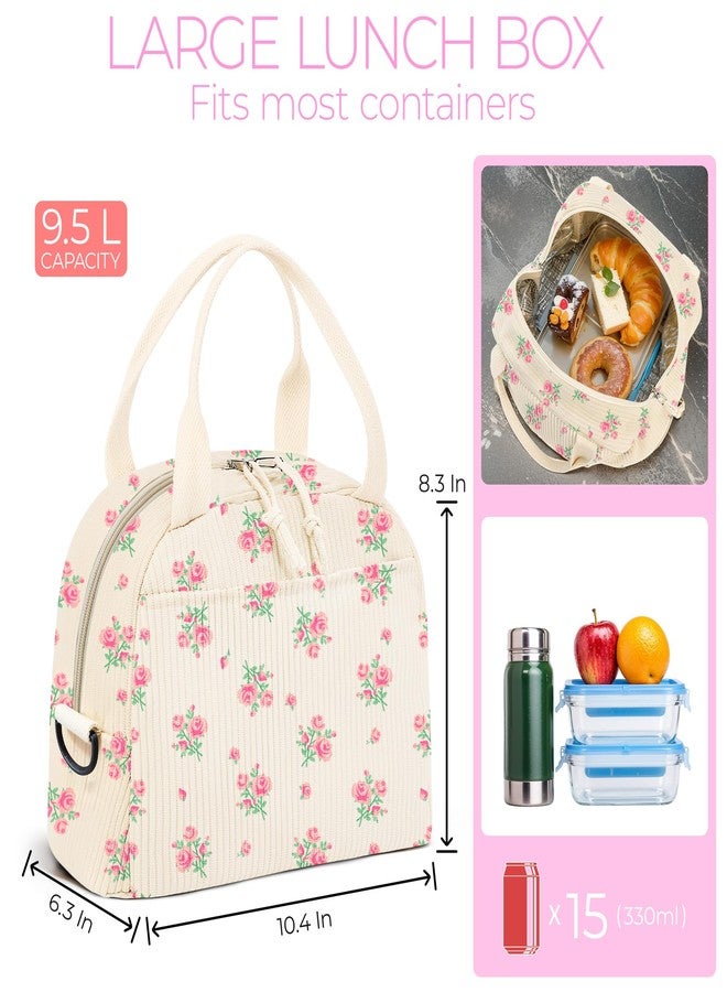 WOBAGMEN Lunch Box for Women,Cherry Lunch Bag Cute Corduroy Insulated Lunch Box With Shoulder Strap for Adult Womens for Work Picnic (pink floral) - Image 2