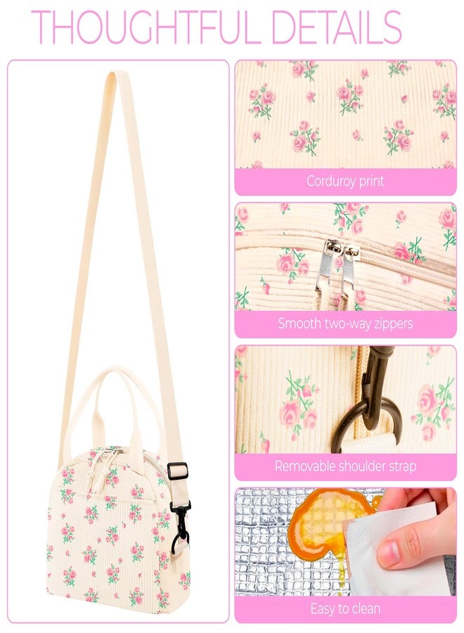 WOBAGMEN Lunch Box for Women,Cherry Lunch Bag Cute Corduroy Insulated Lunch Box With Shoulder Strap for Adult Womens for Work Picnic (pink floral) - Image 4
