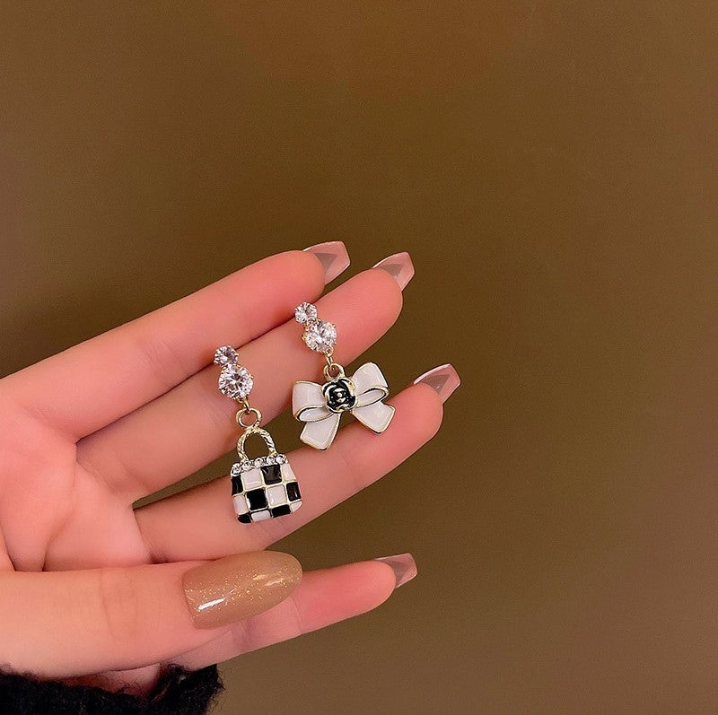 Silver Needle Floral Tassel Dangle Earrings Bags Bow Stud Earrings