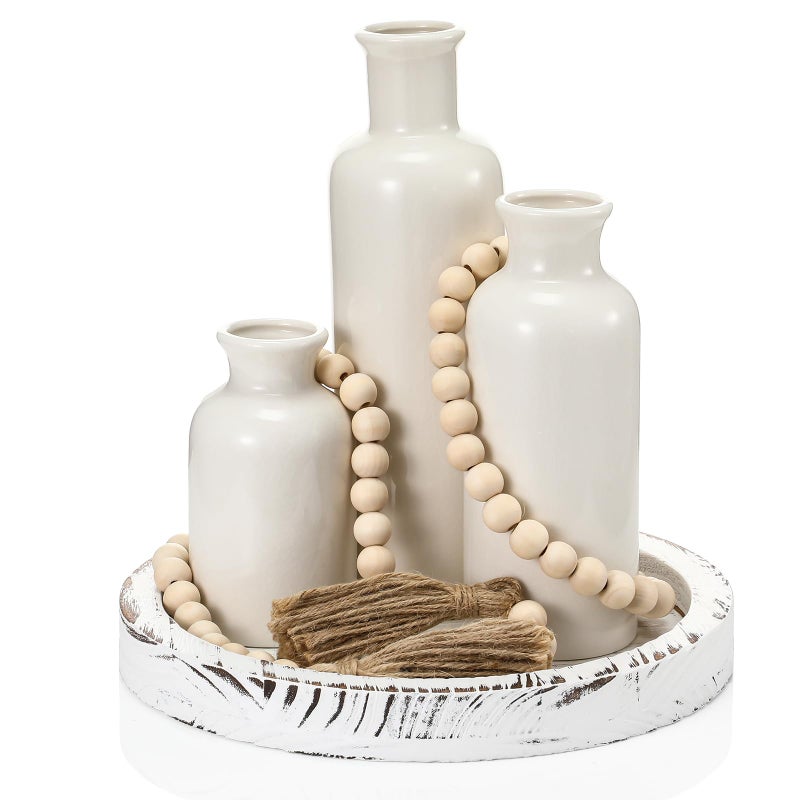 Tiangrid 5 Pcs Rustic Country Tabletop Centerpieces Decor Set of 3 Boho Ceramic Vases with Wooden Serving Tray Wood Bead Garland Tassels Table Holder for Home Decorations(White) - Image 1