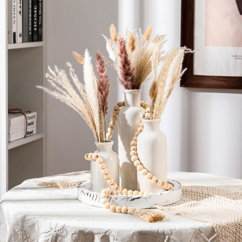 Tiangrid 5 Pcs Rustic Country Tabletop Centerpieces Decor Set of 3 Boho Ceramic Vases with Wooden Serving Tray Wood Bead Garland Tassels Table Holder for Home Decorations(White) - Image 4