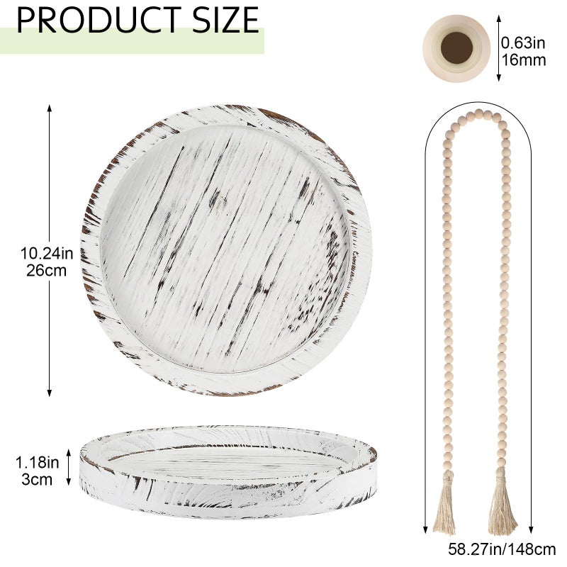 Tiangrid 5 Pcs Rustic Country Tabletop Centerpieces Decor Set of 3 Boho Ceramic Vases with Wooden Serving Tray Wood Bead Garland Tassels Table Holder for Home Decorations(White) - Image 3