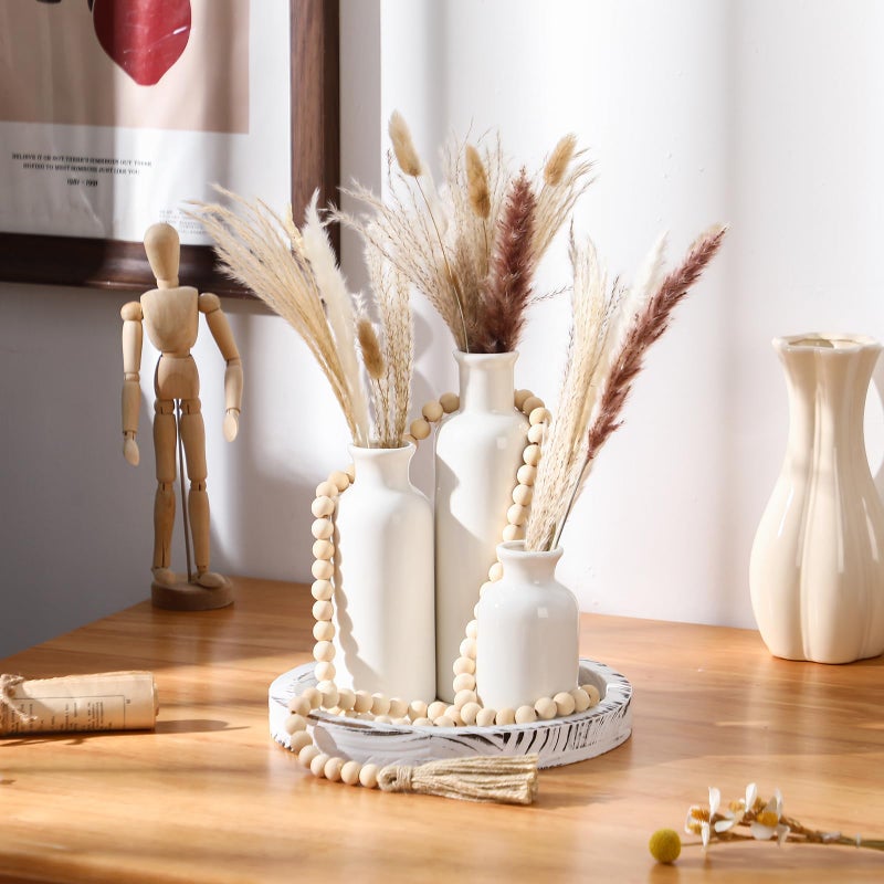 Tiangrid 5 Pcs Rustic Country Tabletop Centerpieces Decor Set of 3 Boho Ceramic Vases with Wooden Serving Tray Wood Bead Garland Tassels Table Holder for Home Decorations(White) - Image 5