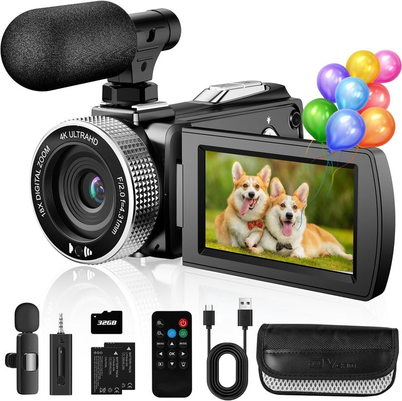 Rumyums Camcorder Video Camera with Wireless Lavalier Microphone for Podcast, Vlog, Interview & Video Recording, 4K 48MP Vlogging Camera 18X Digital Video Camera 3.0 Inch Screen Digital Camera with Remote - Image 1