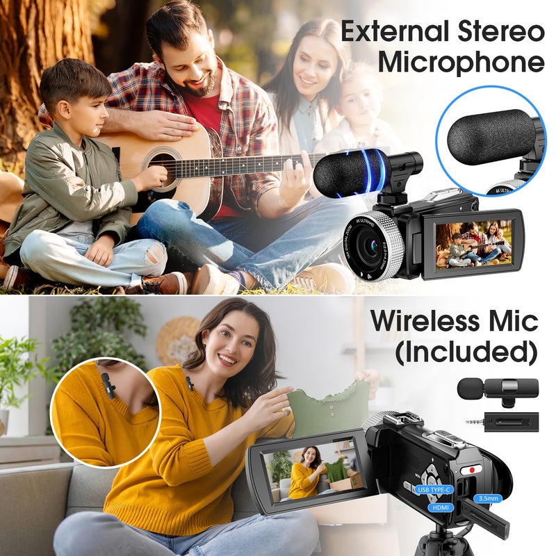 Rumyums Camcorder Video Camera with Wireless Lavalier Microphone for Podcast, Vlog, Interview & Video Recording, 4K 48MP Vlogging Camera 18X Digital Video Camera 3.0 Inch Screen Digital Camera with Remote - Image 3