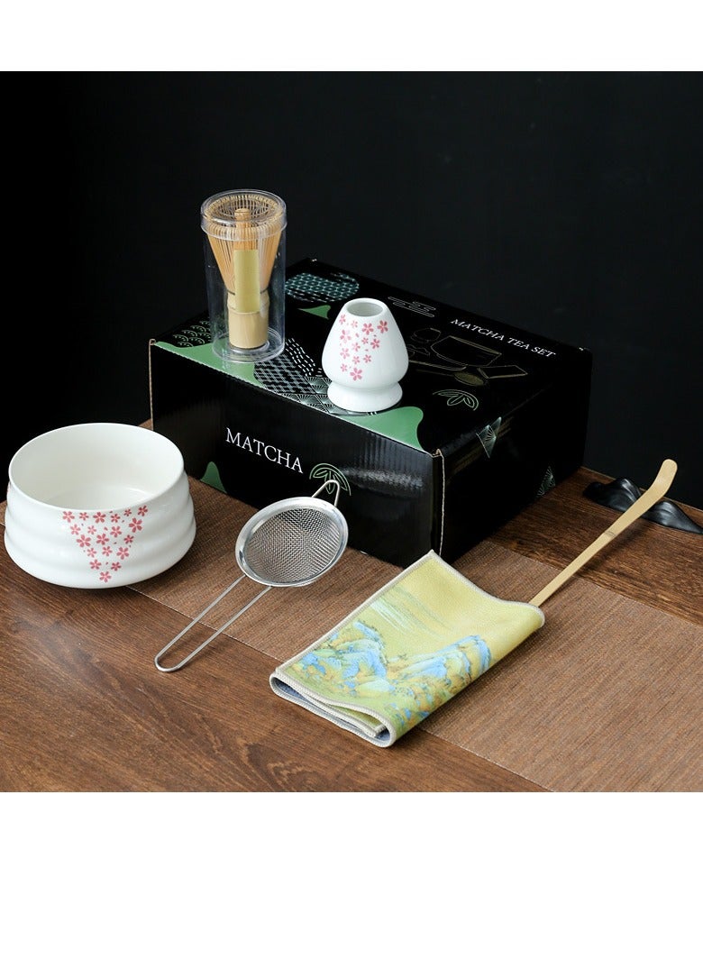 شو وو طقم ماتشا مكون من 7 قطع، طقم شاي ماتشا، طقم شاي فاخر مع وعاء سيراميك ومصفاة ومغرفة تقليدية ومضرب ماتشا من الخيزران وحامل - Image 1