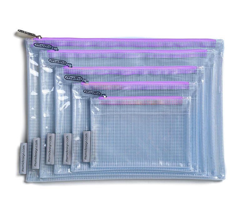 MUMI MUMI 5 MultiSize Organizing Bags  Clear Zipper Pouches for Organizing Storage  Travel with 10 Removable Labels  Reusable Waterproof Mesh Zipper Pouch Set Plastic Zip Bags for Supplies Purple
