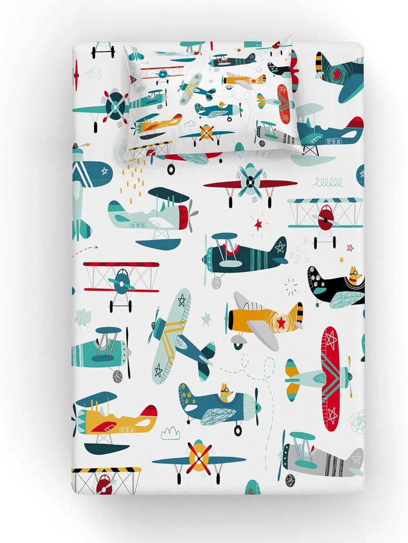 Yasida Cartoon Airplane Bed Sheets Set Queen Size for Kids Teens Colorful Cartoon Propeller Plane Bed Fitted Sheets Boys Girls Teens Bedroom Decor,Queen Size(3pc) - Image 3