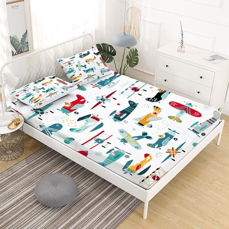 Yasida Cartoon Airplane Bed Sheets Set Queen Size for Kids Teens Colorful Cartoon Propeller Plane Bed Fitted Sheets Boys Girls Teens Bedroom Decor,Queen Size(3pc) - Image 1