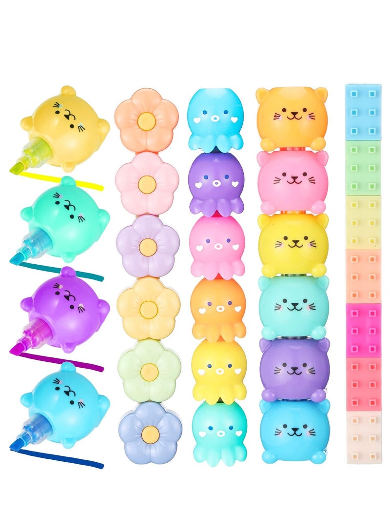 Generic 4 /24PCS Colorful Shaped Highlighters Pastel Mini Highlighter Set Highlighters Stackable Markers for Kids Students Writing Graffiti School Office Supplies(Octopus, Blocks, Cat, Flower)  - Image 1