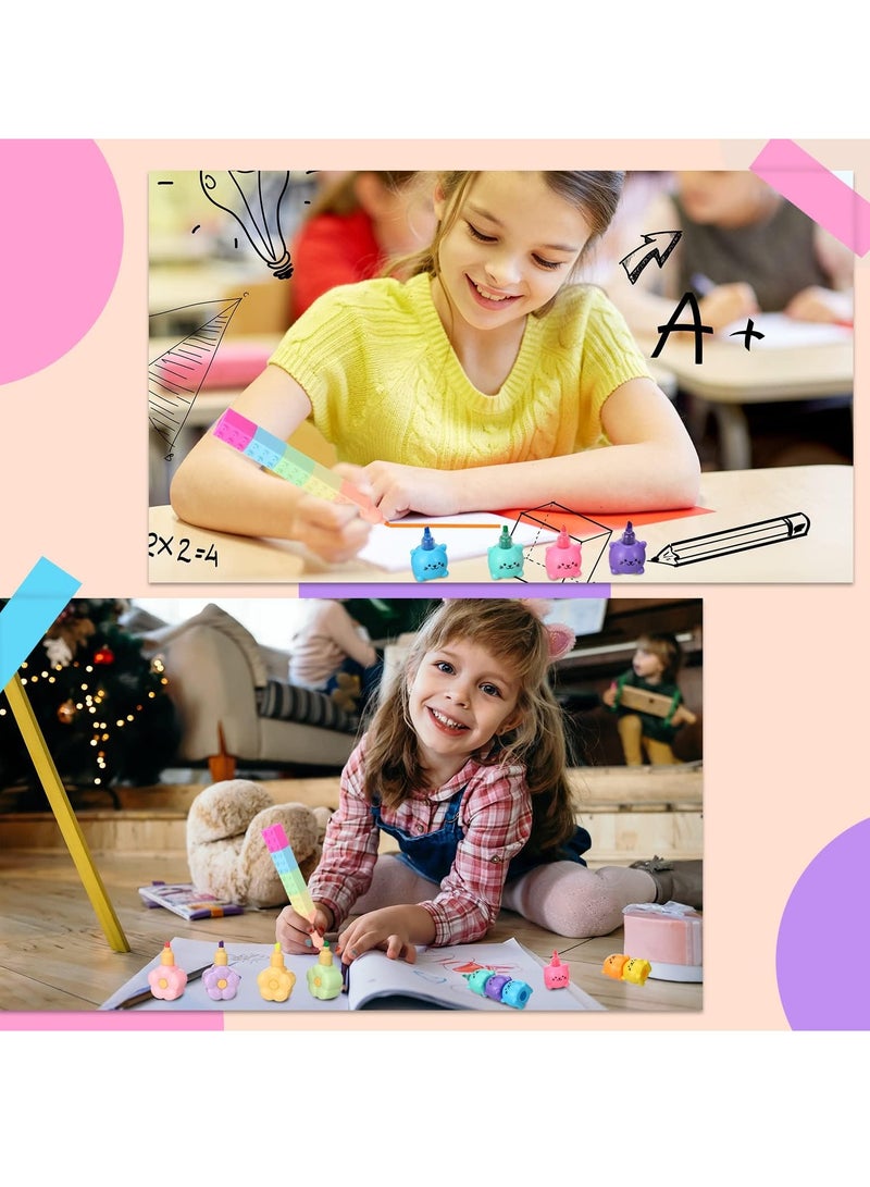 4 /24PCS Colorful Shaped Highlighters Pastel Mini Highlighter Set Highlighters Stackable Markers for Kids Students Writing Graffiti School Office Supplies(Octopus, Blocks, Cat, Flower)