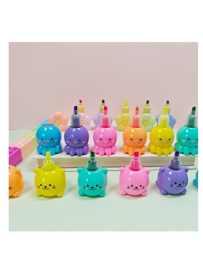 4 /24PCS Colorful Shaped Highlighters Pastel Mini Highlighter Set Highlighters Stackable Markers for Kids Students Writing Graffiti School Office Supplies(Octopus, Blocks, Cat, Flower)
