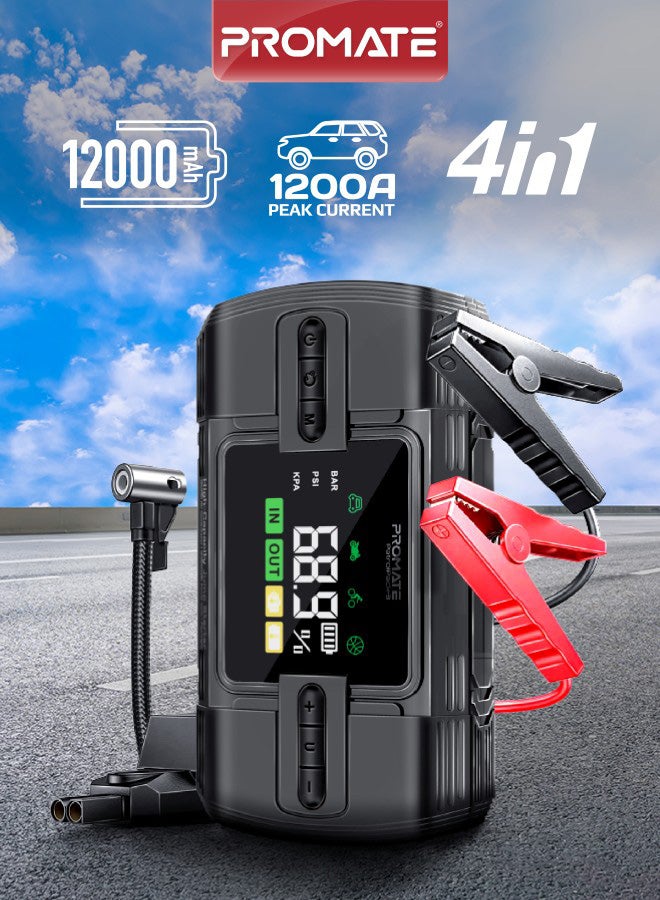 بروميت Promate Air Pump and Car Jump Starter with Multi-purpose 12000mAh Power Bank, Protection Against Reverse Polarity, Ultra-Safe 2000A Peak, USB-A and QC 3.0 Ports LED Light, 150PSI, and SOS Function for Emergencies, Home, Trips, PatrolPack-3 Black - Image 1
