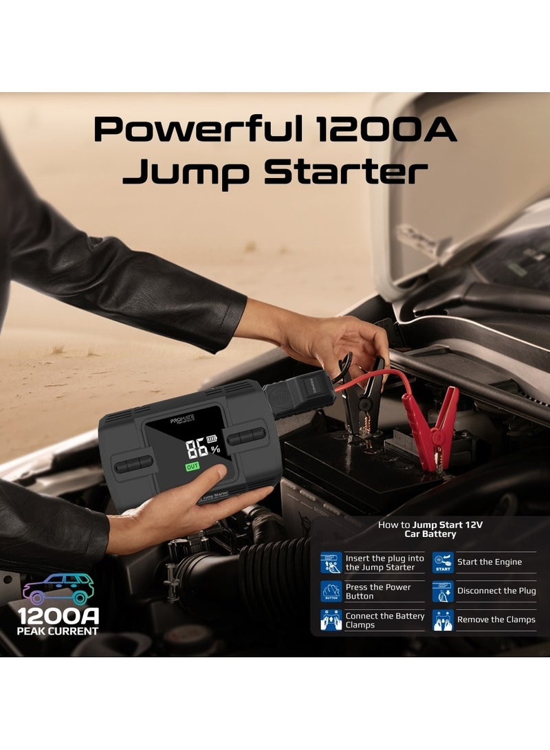 بروميت Promate Air Pump and Car Jump Starter with Multi-purpose 12000mAh Power Bank, Protection Against Reverse Polarity, Ultra-Safe 2000A Peak, USB-A and QC 3.0 Ports LED Light, 150PSI, and SOS Function for Emergencies, Home, Trips, PatrolPack-3 Black - Image 3