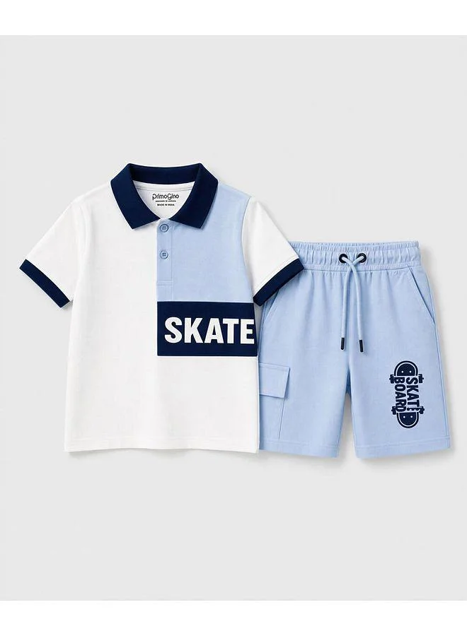 Primo Gino Primo Gino 100% Cotton Color Block Half Sleeves Printed Polo T-Shirt & Cargo Shorts Set - White/Blue