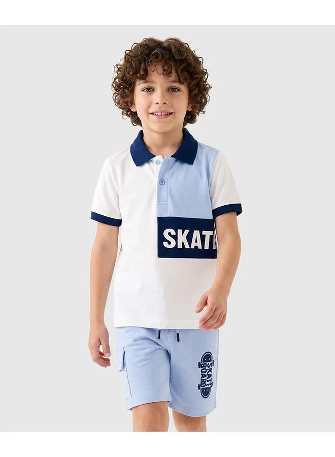 Primo Gino Primo Gino 100% Cotton Color Block Half Sleeves Printed Polo T-Shirt & Cargo Shorts Set - White/Blue
