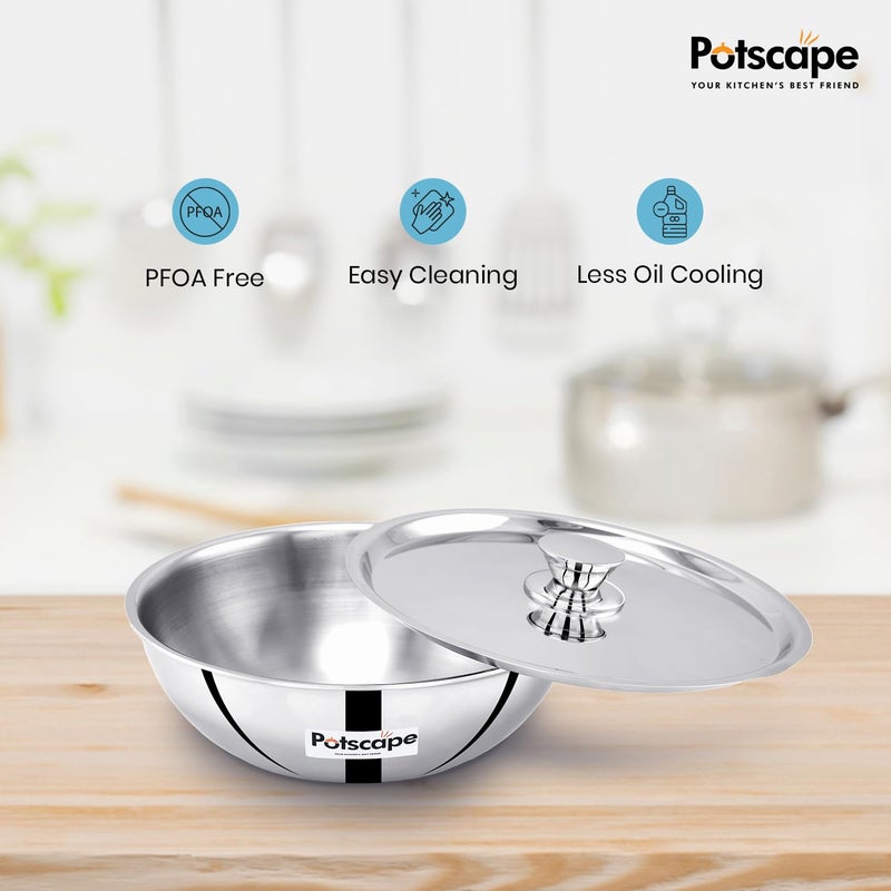 POTSCAPE Potscape Triply Kadai/Tasla with Lid, 20 cm Capacity 1.7 LTR | Less Food Burns | No Harmful Coating | TriPly SAS Construction | Induction Friendly Dishwasher Safe - 5 Year Warranty - Image 5