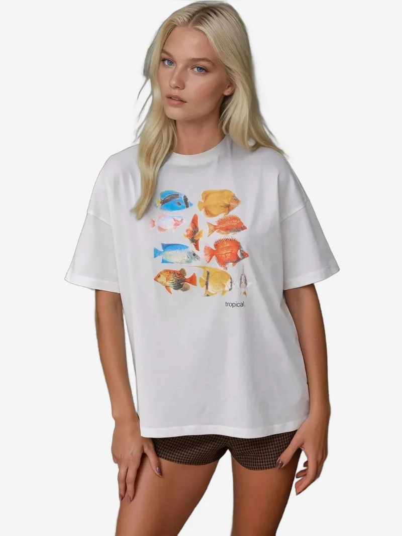 HICCUP %100 Cotton Oversized Printed Crew Neck Cotton T-Shirt