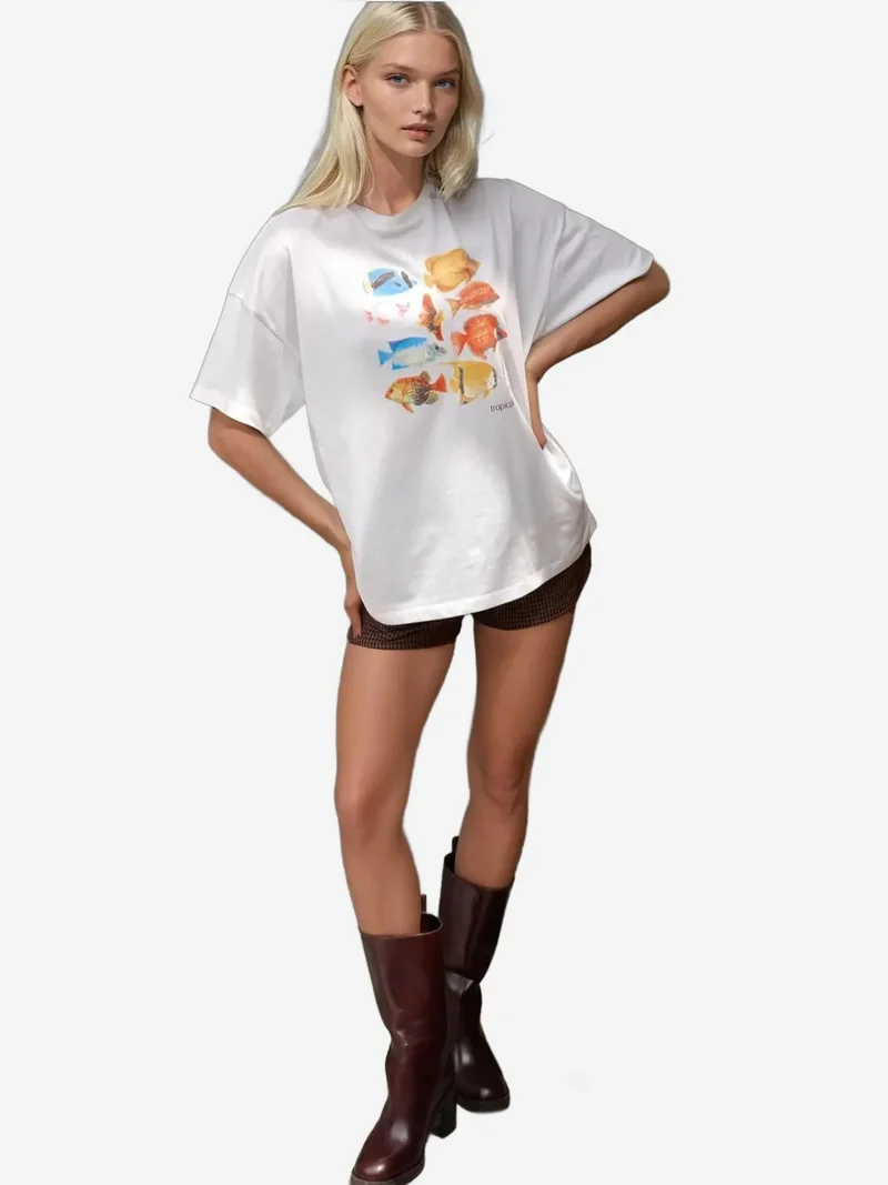 HICCUP %100 Cotton Oversized Printed Crew Neck Cotton T-Shirt