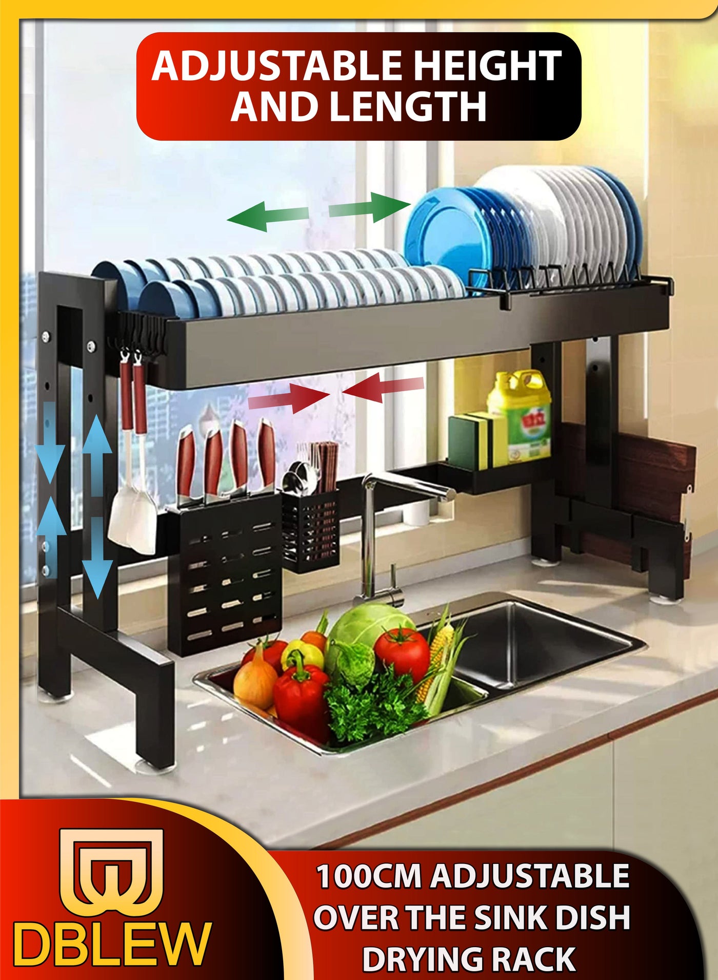 Adjustable Length Single Layer Tier Over The Sink Dish Drying Stand Drainer Organizer Storage Rack Kitchen Countertop Cutlery Storage Organizer Utensil Plate Holder Drain Bracket Shelf Retractable