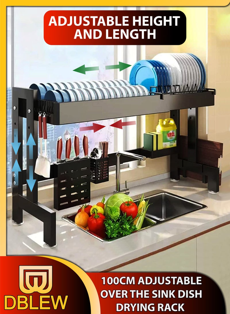 DBLEW Adjustable Length Single Layer Tier Over The Sink Dish Drying Stand Drainer Organizer Storage Rack Kitchen Countertop Cutlery Storage Organizer Utensil Plate Holder Drain Bracket Shelf Retractable - Image 1