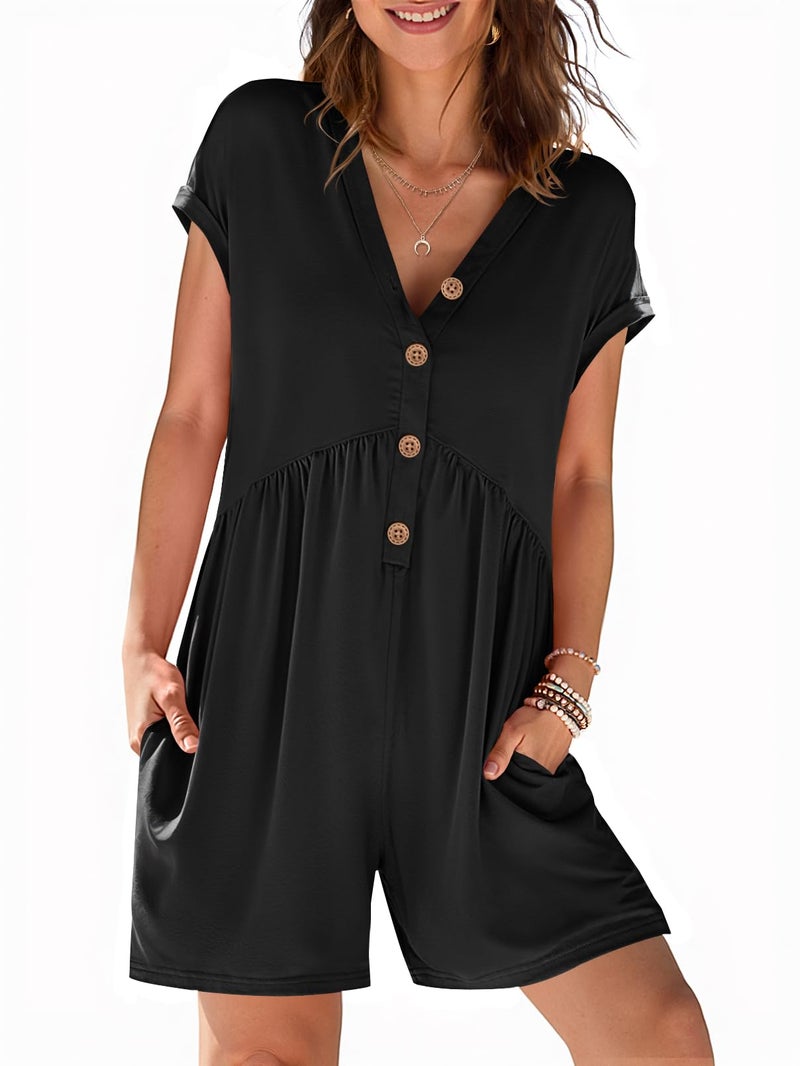 MEROKEETY Rompers for Women Summer 2026 Casual Cap Sleeve V neck Button Short Jumpsuit Overalls Beach Vacation Outfits, Black, X-Large - Image 1