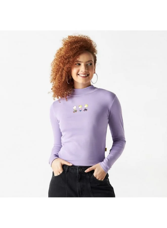 SP Characters Peanuts Print High Neck T-shirt with Long Sleeves