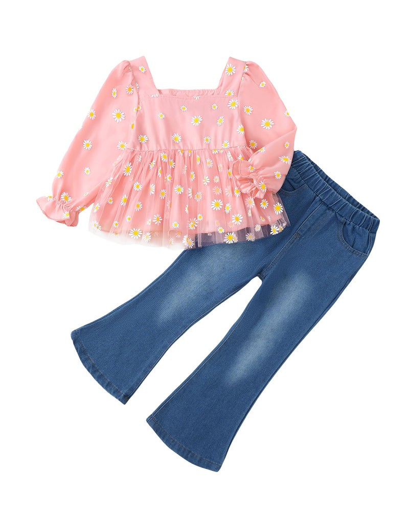 SODLON Kids Clothes Girls Clothes Size 6 Girls Clothes Size 7 Winter Fall Spring Outfits Ruffle Pink Daisy Tulle Top Flare Jeans Bell Bottom Denim Pants School 6 7 Year Old Girl Clothing - Image 1