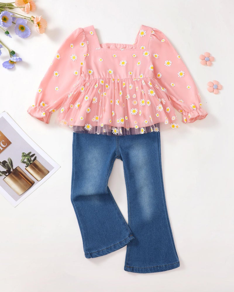 SODLON Kids Clothes Girls Clothes Size 6 Girls Clothes Size 7 Winter Fall Spring Outfits Ruffle Pink Daisy Tulle Top Flare Jeans Bell Bottom Denim Pants School 6 7 Year Old Girl Clothing - Image 2