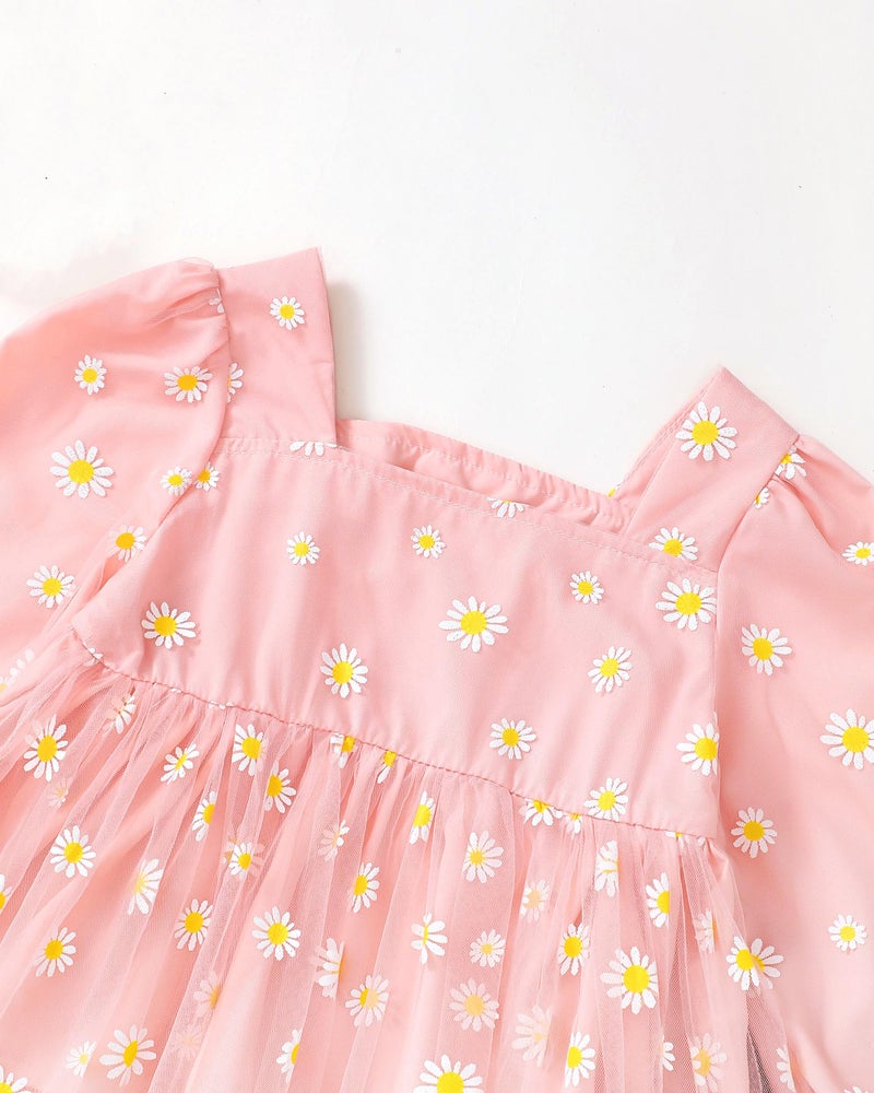 SODLON Kids Clothes Girls Clothes Size 6 Girls Clothes Size 7 Winter Fall Spring Outfits Ruffle Pink Daisy Tulle Top Flare Jeans Bell Bottom Denim Pants School 6 7 Year Old Girl Clothing - Image 3