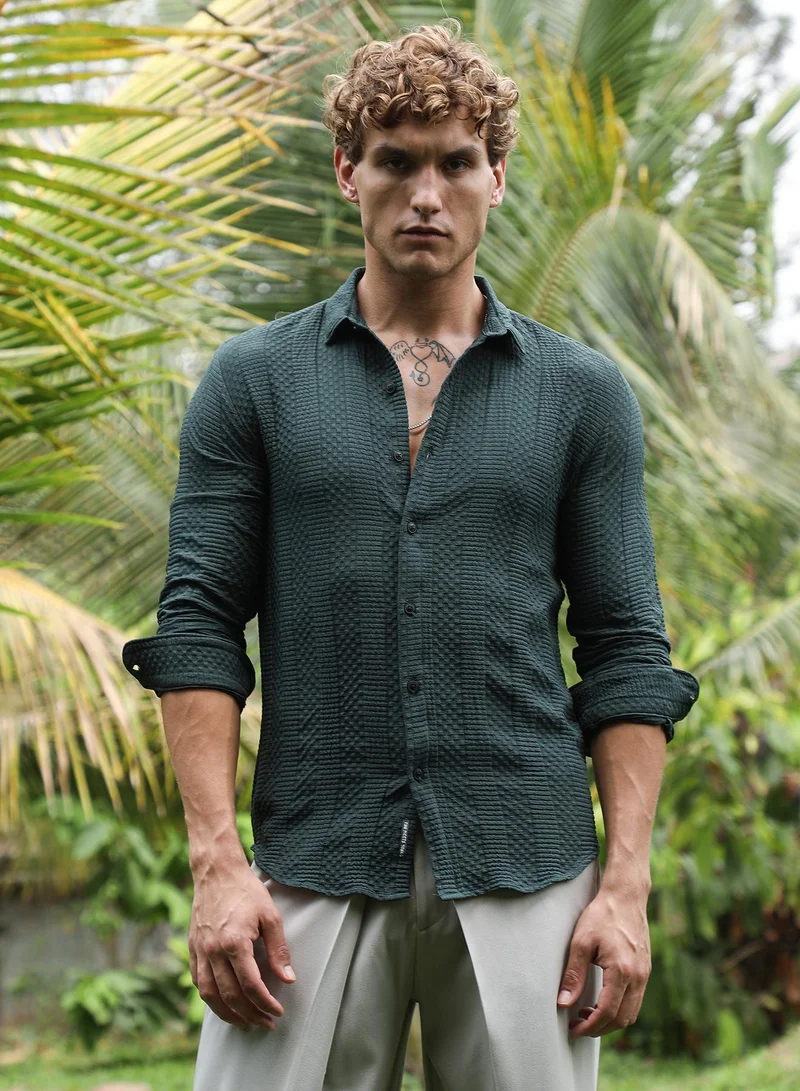 Campus Sutra Men's Emerald Green Parallel-Check Tactile Shirt