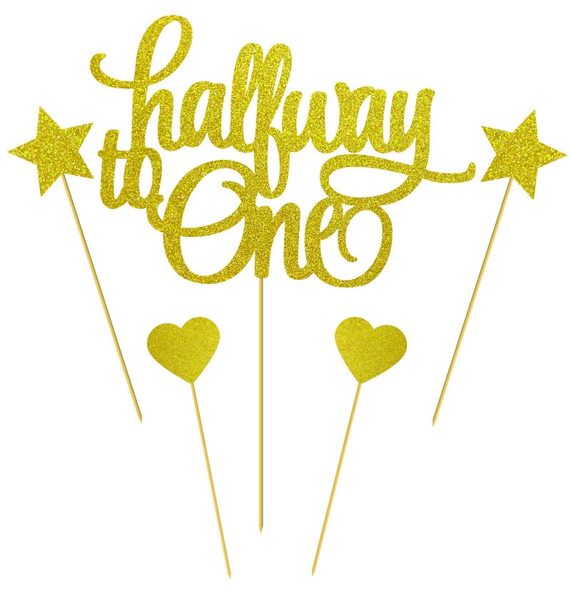 SVM CRAFT Gold Glitter 1/2 Way To One Cake Topper & Banner-Happy 6 Months Cake Topper-Half A Year Party Decors-Six Months Old Party Decorations-Happy 1/2 Birthday Photo Props-Six Month Banner - Image 2