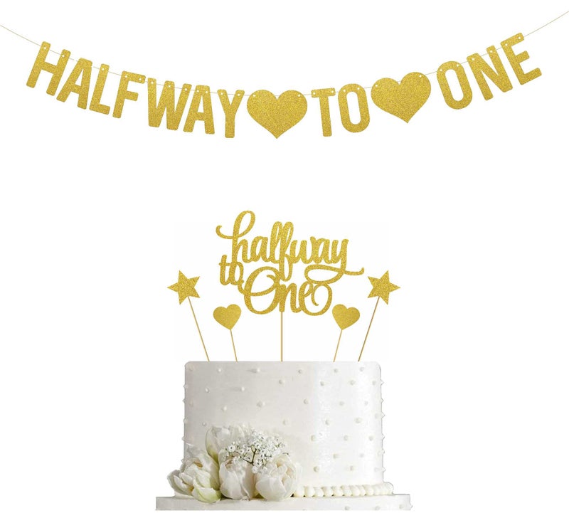 SVM CRAFT Gold Glitter 1/2 Way To One Cake Topper & Banner-Happy 6 Months Cake Topper-Half A Year Party Decors-Six Months Old Party Decorations-Happy 1/2 Birthday Photo Props-Six Month Banner - Image 5