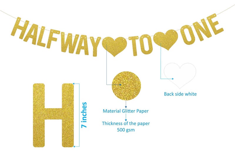SVM CRAFT Gold Glitter 1/2 Way To One Cake Topper & Banner-Happy 6 Months Cake Topper-Half A Year Party Decors-Six Months Old Party Decorations-Happy 1/2 Birthday Photo Props-Six Month Banner - Image 4