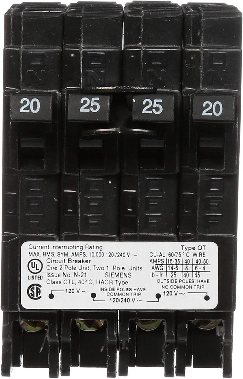 SIEMENS Siemens Q22025CT 25Amp Double Pole Two 20Amp Single Pole Circuit Breaker  - Image 2