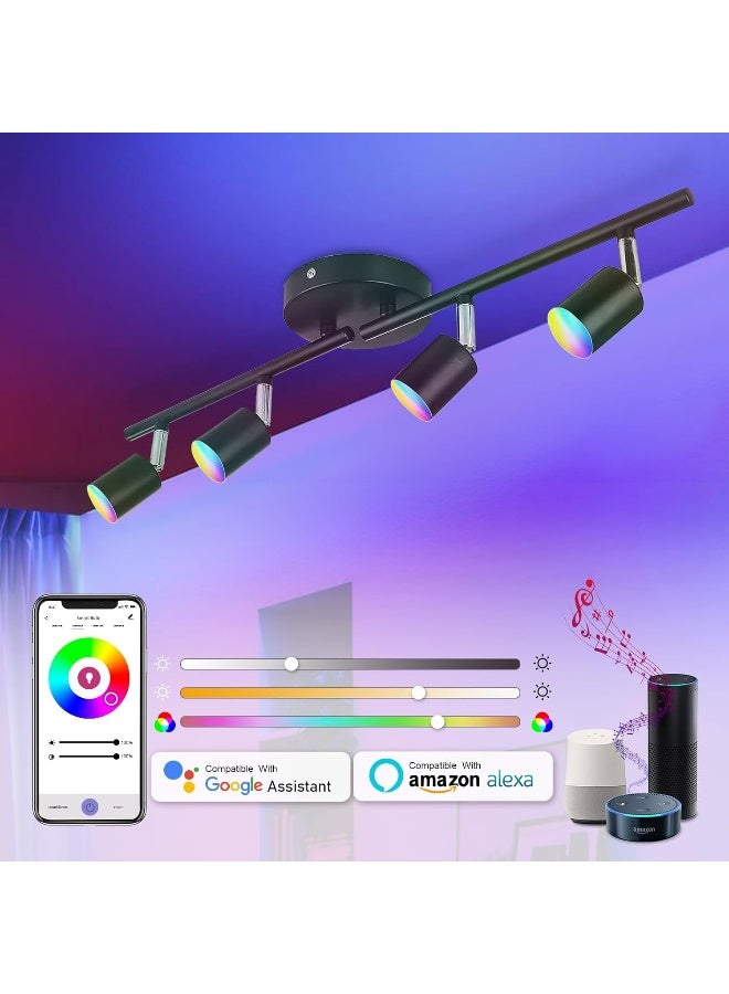 CANEOE Smart 4-Light Black Led Track Lighting Fixtures, 16 Million RGB Color Changing Ceiling Track Light Work with Alexa/Google Home/App, Ceiling Spotlight for Kitchen, Living Room, Bedroom, Bar  - Image 1