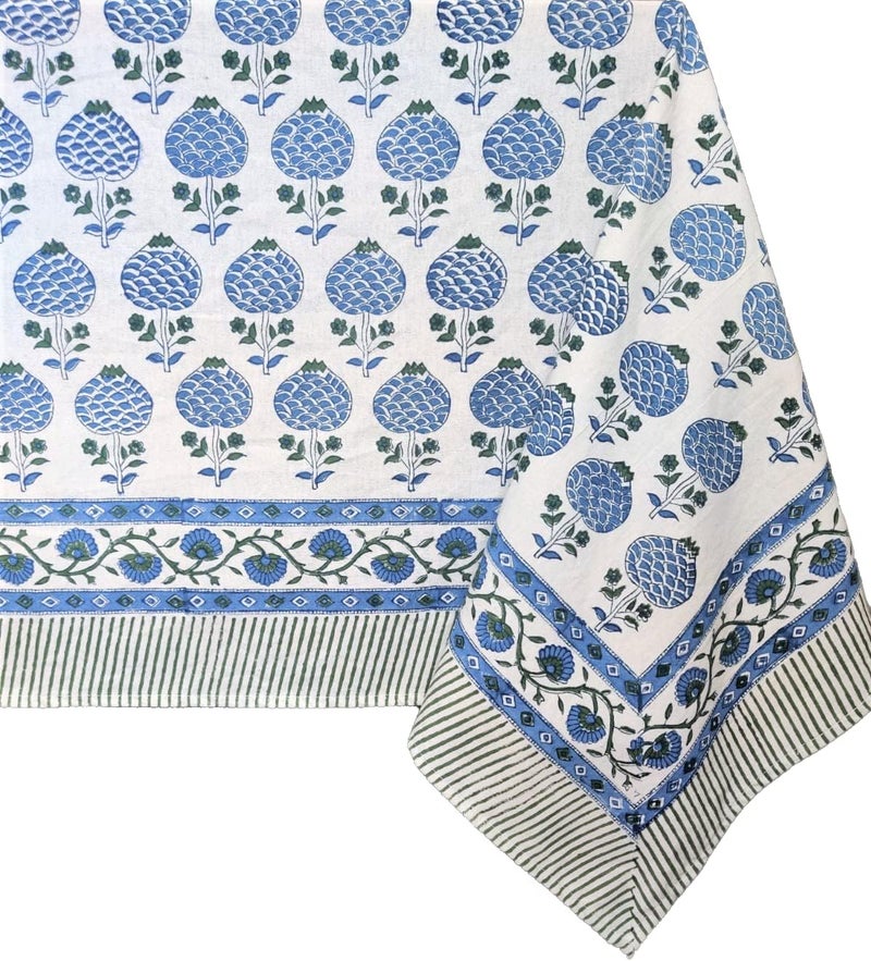 ATOSII Roma Blue 100 Cotton Boho Rectangle Fall Tablecloth Handblock Floral Print Table Linen for Kitchen Dining I Parties Outdoors Weddings Christmas Thanksgiving I 72 X 120 Inches I 10 Seater - Image 1