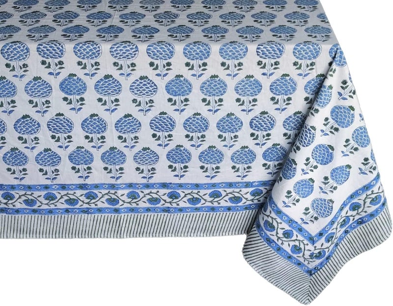 ATOSII Roma Blue 100 Cotton Boho Rectangle Fall Tablecloth Handblock Floral Print Table Linen for Kitchen Dining I Parties Outdoors Weddings Christmas Thanksgiving I 72 X 120 Inches I 10 Seater - Image 2