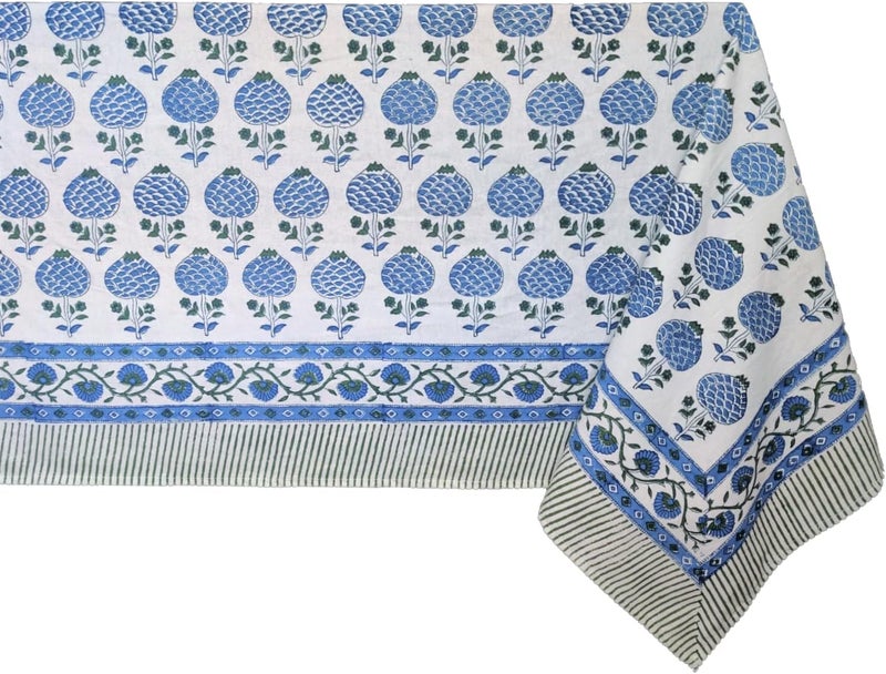 ATOSII Roma Blue 100 Cotton Boho Rectangle Fall Tablecloth Handblock Floral Print Table Linen for Kitchen Dining I Parties Outdoors Weddings Christmas Thanksgiving I 72 X 120 Inches I 10 Seater - Image 4