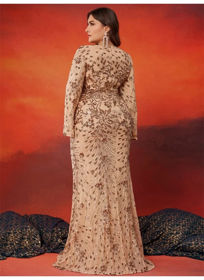 Madam Uniq Champagne Color Plus Size Sequin Embroidered Long Sleeve V-Neck Evening Gown - Elegant Fitted Maxi Dress for Celebrations