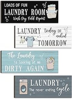 Yulejo Laundry Room Decor Laundry Room Wooden Sign Funny Sign Wall Plaque Rustic Farmhouse Laundry Wall Decor Vintage Bathroom Wall Sign Laundry Rules Hanging Decor for Bathroom, 4 Pieces (Multi Color) 