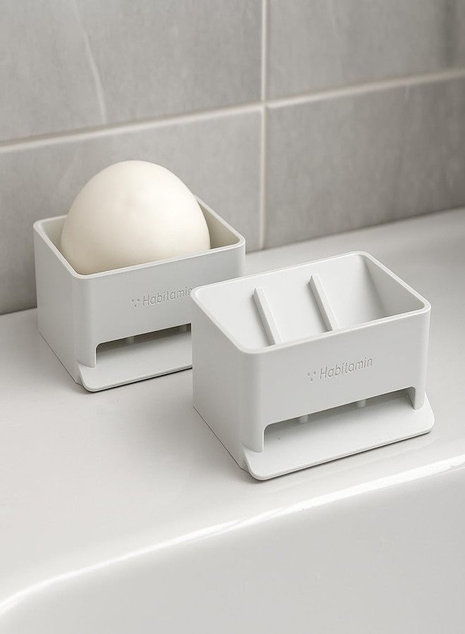 Habitamin صحن صابون ذاتي التصريف من هابيتامين - حامل صابون سريع الجفاف مزود بثلاثة أكواب شفط، يمنع ذوبان الصابون وتراكم الماء للاستحمام والحمام والمطبخ (أبيض بارد) - Image 3