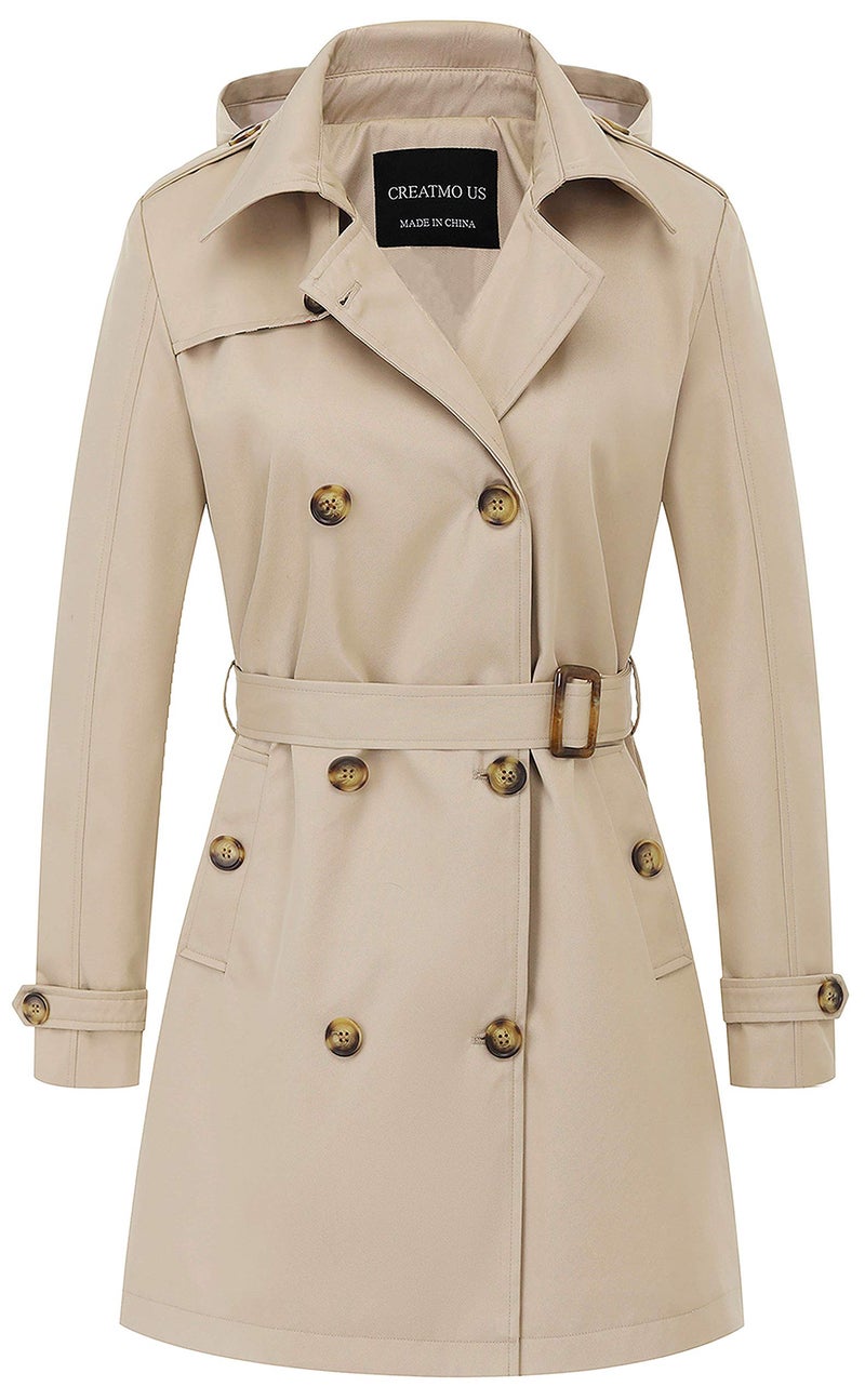 CREATMO US Women's Trench Coat with Hood Military Coat Overcoats Long Trench Jacket with Belt Khaki 2XL - Image 1