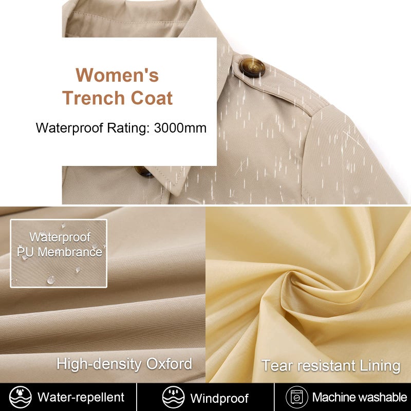 CREATMO US Women's Trench Coat with Hood Military Coat Overcoats Long Trench Jacket with Belt Khaki 2XL - Image 4