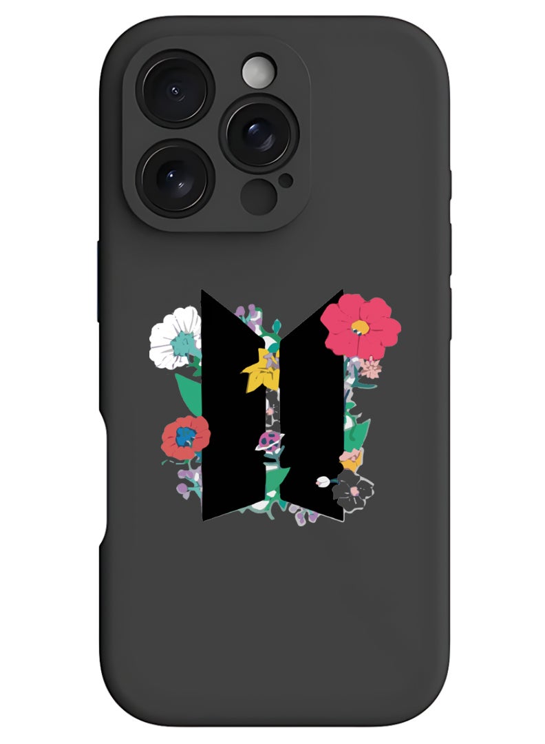 Theodor iPhone 16 Pro Max Black Protective Slim Fit Case Liquid Silicone Cover with Full Body Protection Anti-Scratch Shockproof Case For iPhone - BTS floral B - Image 1