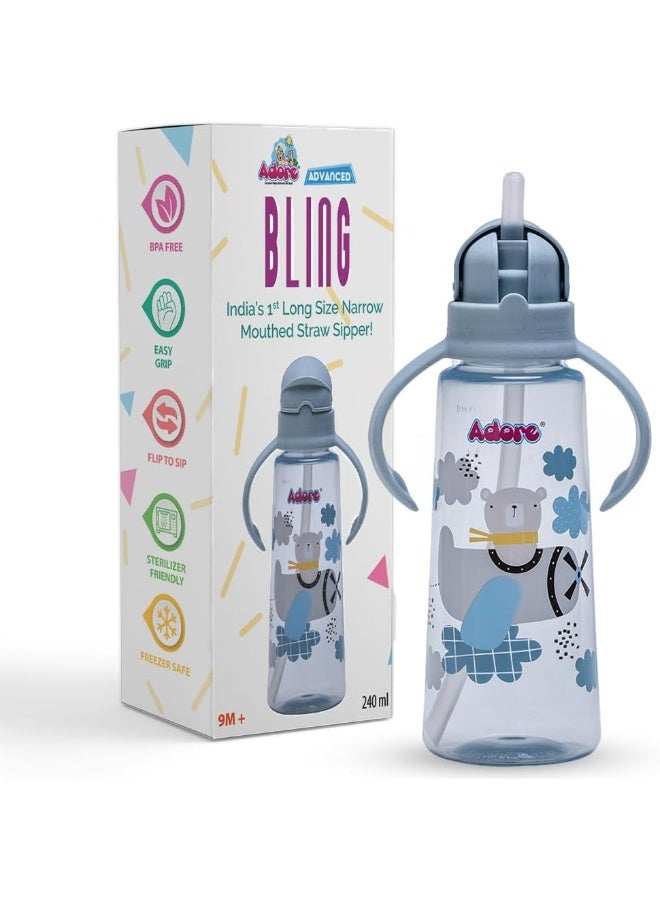 ادور Adore Bling مانعة للتسرب للأطفال | زجاجة مياه للأطفال 270 مل لمدة عامين مع القش الموزون | قواطع شرب بزاوية 360 درجة للأطفال | شفاطة للأطفال والرضع (أزرق) - Image 1