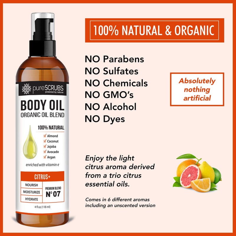 pureSCRUBS Ultra Moisturizing Citrus+ Body Oil Spray for Dry Skin, Massage, Cuticles & More Organic Super Blend of Jojoba, Argan, Coconut, Sweet Almond & Avocado Oils Enriched with Vitamin E, Lg 4oz - Image 5